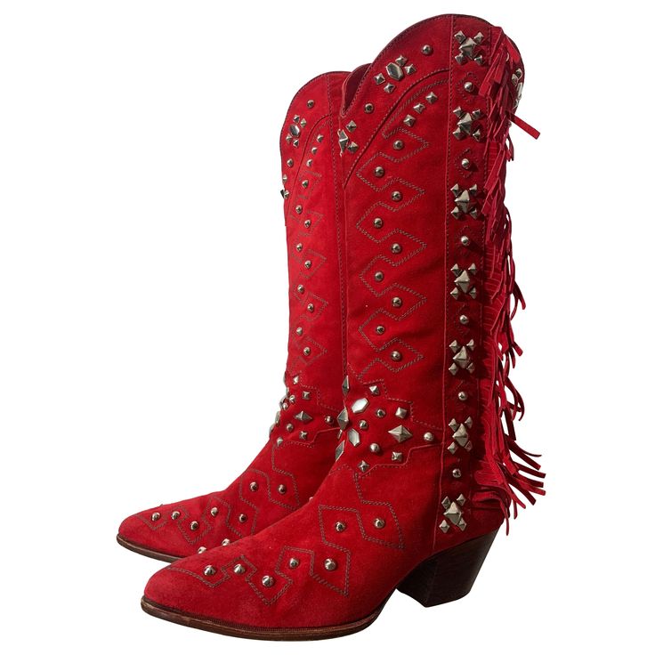 1980s Susan Warren Edwards Red Suede Fringed and Studded Cowboy Western Boots: Tall and narrow, these boots make a stunning entrance with their vivid red and generously studded design. Soft pointed toe and a high stacked heel. Hand-made construction attention to details and stitchwork. Very slightly worn. Original box included. US women's size 8M. Ride em' cowgirl! Boy Western, Sparkly Boots, Boots Tall, Red Boots, Cowboy Western, Suede Fringe, Cow Boy, Western Cowboy Boots, Red Suede