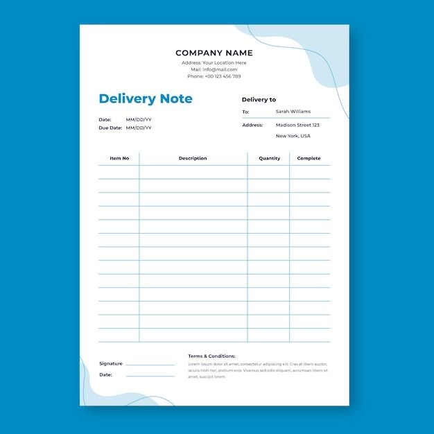 a delivery note with blue waves on the side and white lines in the bottom corner