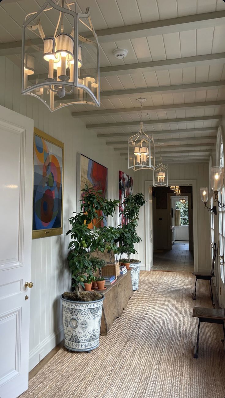 a long hallway with potted plants and paintings on the wall