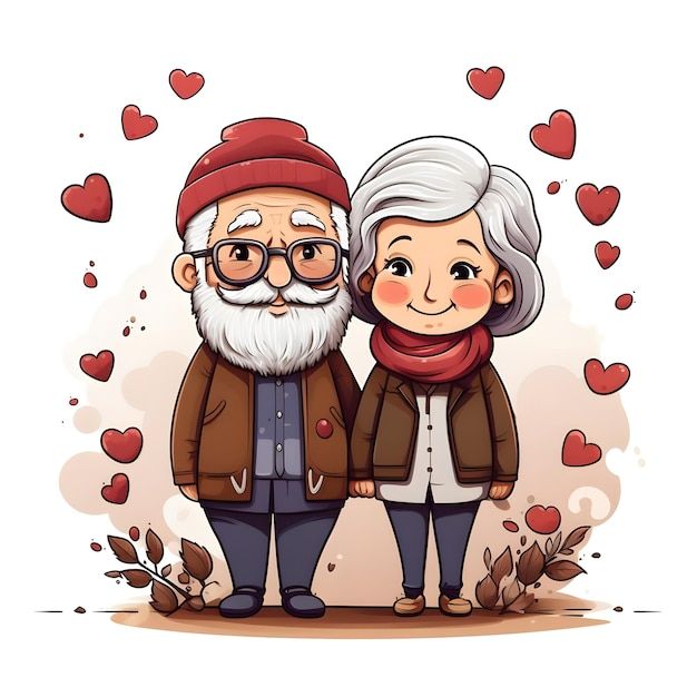 an elderly couple standing next to each other in front of hearts on a white background