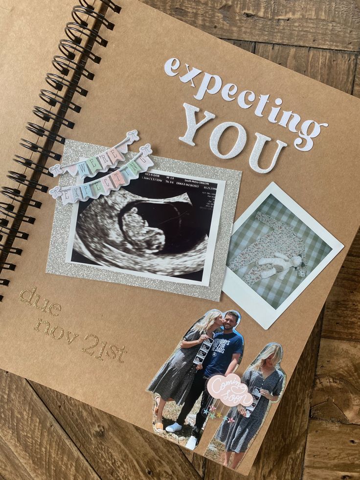 an open book with pictures and words on the cover that says expecting you, next to a couple standing in front of each other