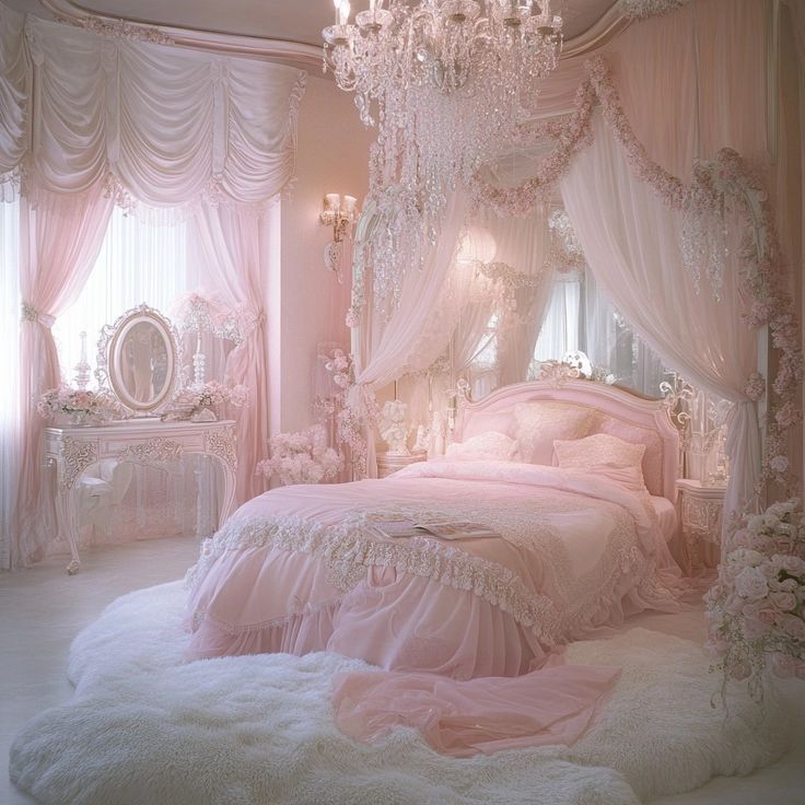 a bedroom decorated in pink and white with chandelier, bed, dresser and mirror