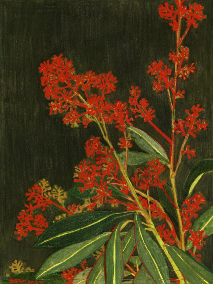 a painting of red flowers and green leaves