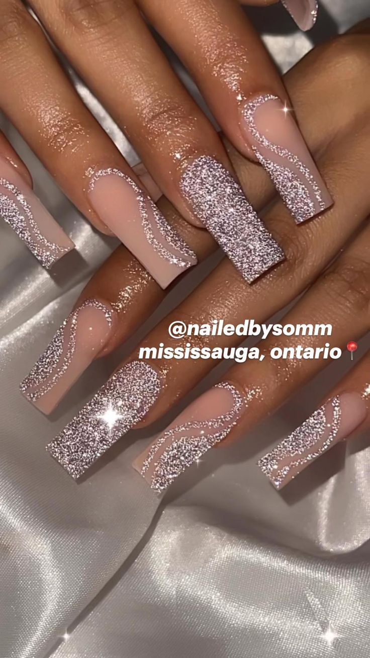 New Years Acrylic Nails, Gold Glittery Nails, Sliver Nails, Sparkly Acrylic Nails, Silver Acrylic Nails, Rave Nails, Prom Nails Silver, Reflective Nails, Silver Nail Designs