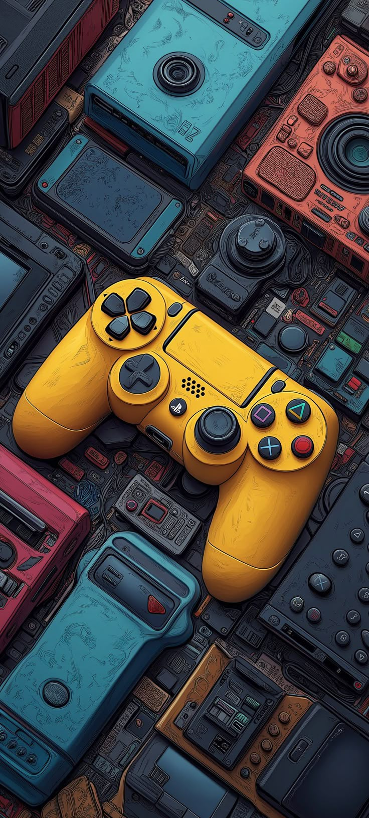 an image of a yellow controller surrounded by old cell phones and other electronic gadgets