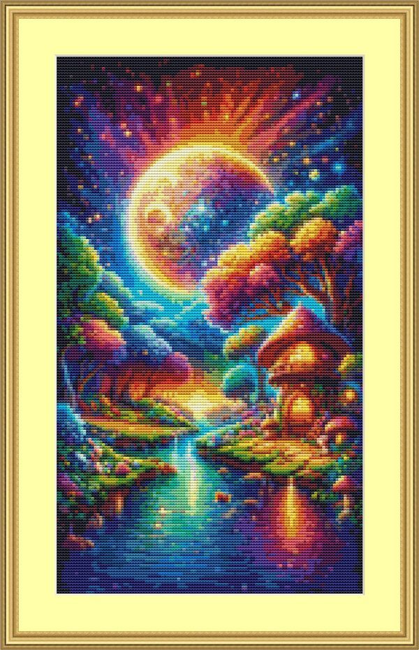 a cross stitch pattern with the image of a river and trees in front of a full moon