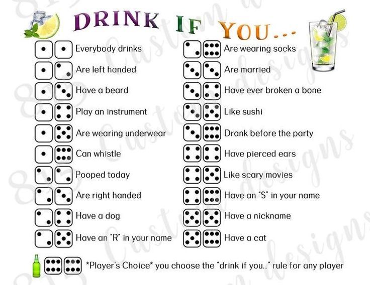 a printable drinking game with the words drink if you do and two dices next to it