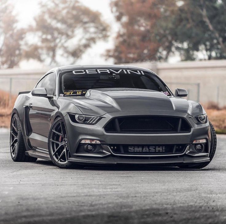 the front end of a gray mustang car