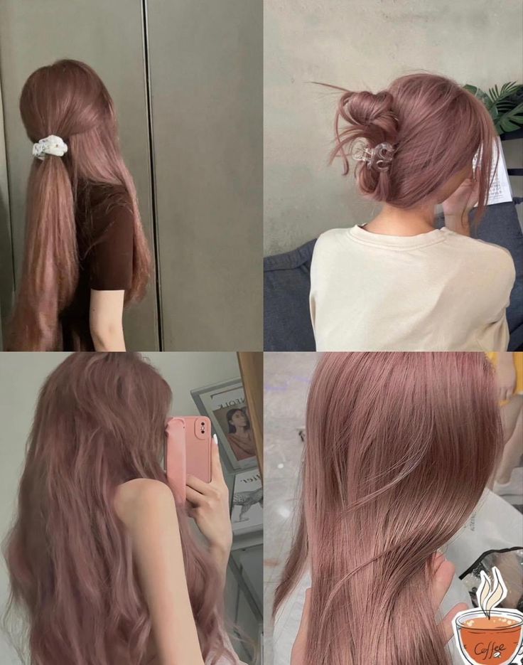 Coquette Hair Color Ideas, Hair Colour Ideas Cool Tone, Light Color Hair Dye, Ash Peach Hair, Muted Pink Hair Color, Hair Dye Inspo Natural, Ashy Rose Hair, Milk Tea Purple Hair, Ash Rose Gold Hair