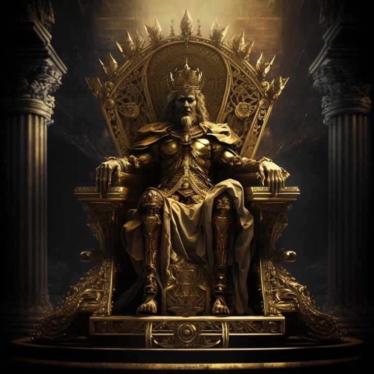 a golden throne with a king sitting on it