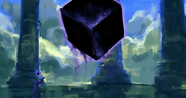 a digital painting of a giant black object in the middle of a city with tall buildings