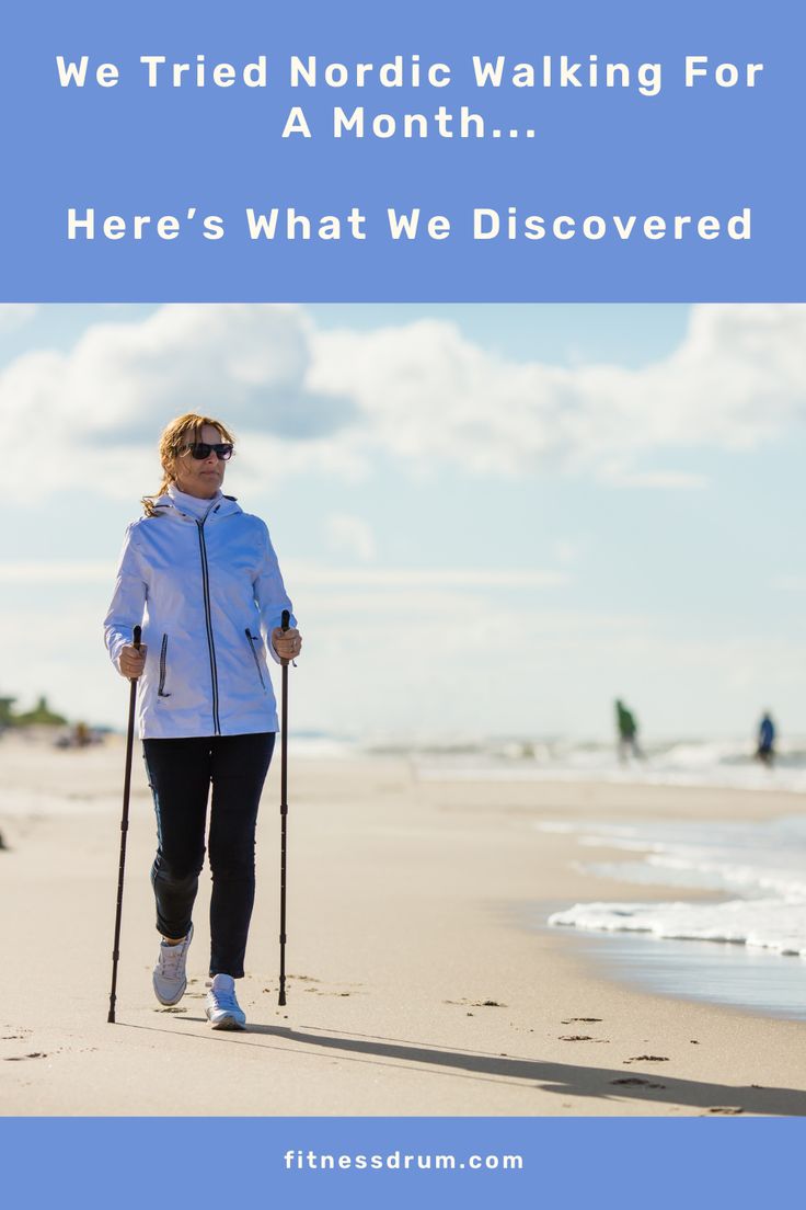 a woman walking on the beach with her ski poles in hand and text that reads, we tried nordic walking for a month here's what we discovered