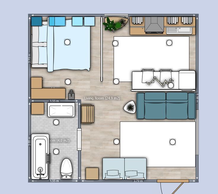 the floor plan for a small apartment with two beds and one living room in it