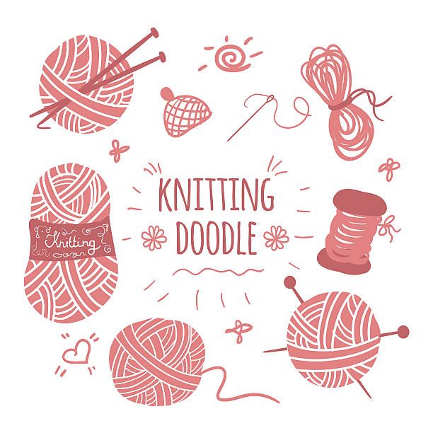 knitting doodle with balls of yarn, needles and ball of thread on white background