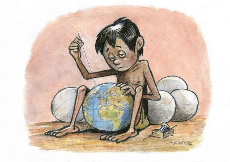 a drawing of a boy sitting on the ground with a globe in front of him