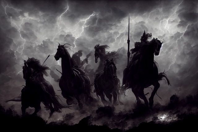 three men on horses in the middle of a storm with lightning coming from behind them