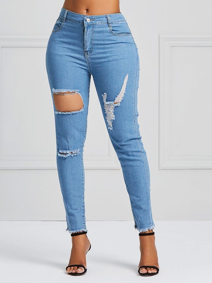 Plain Hole Raw Hem Women's Jeans Mid Waist Jeans, Clothing Manufacturer, Pencil Pants, Online Dress Shopping, Denim Pants, Trousers Women, Dresses Online, Best Sellers, Pant Jumpsuit