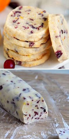 cookies and cranberry cheesecake pops are on the table next to each other