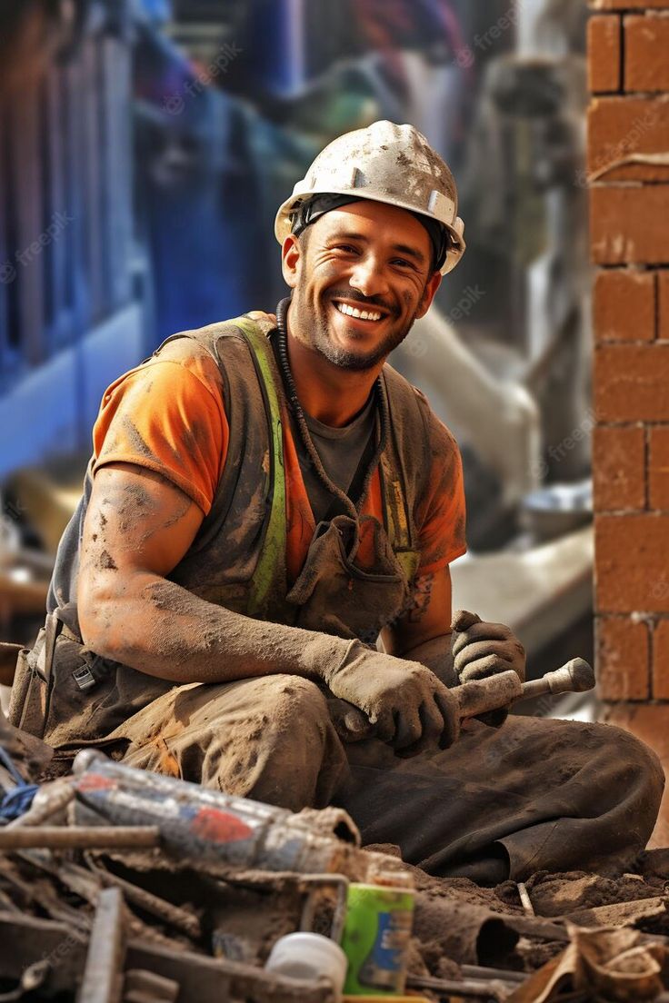 a construction worker sitting on the ground smiling