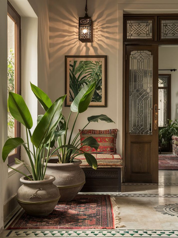 a living room filled with lots of plants next to a wooden door and two couches