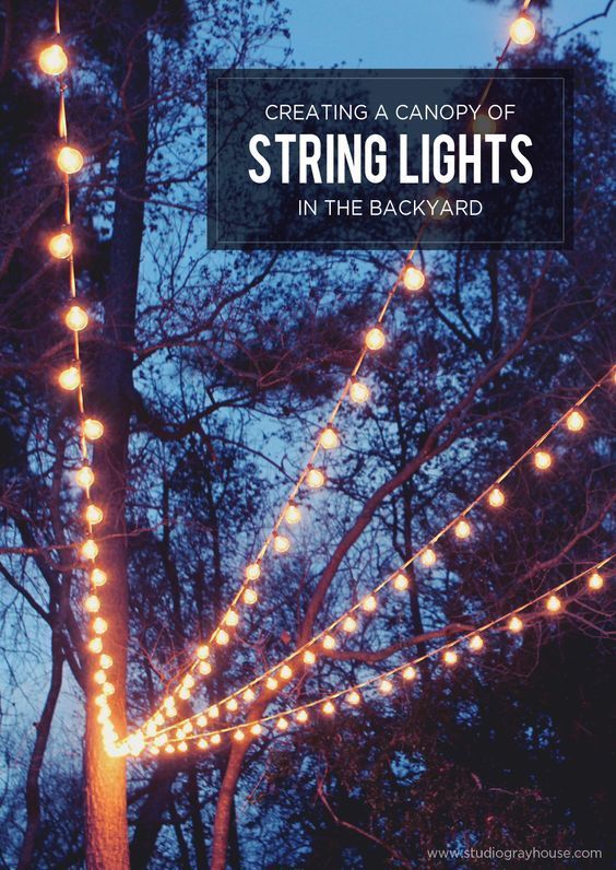 string lights in the backyard creating a canopy of light for your yard, deck or patio