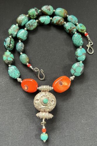 Ghau Sterling Silver Tibetan gau prayer box w/ Turquoise & coral Nepal Necklace. | eBay Teal Jewelry, Coral Gemstone, Orange Coral, Orange And Turquoise, Genuine Turquoise, Coral Turquoise, Blue Turquoise, Turquoise Beads, Tibet