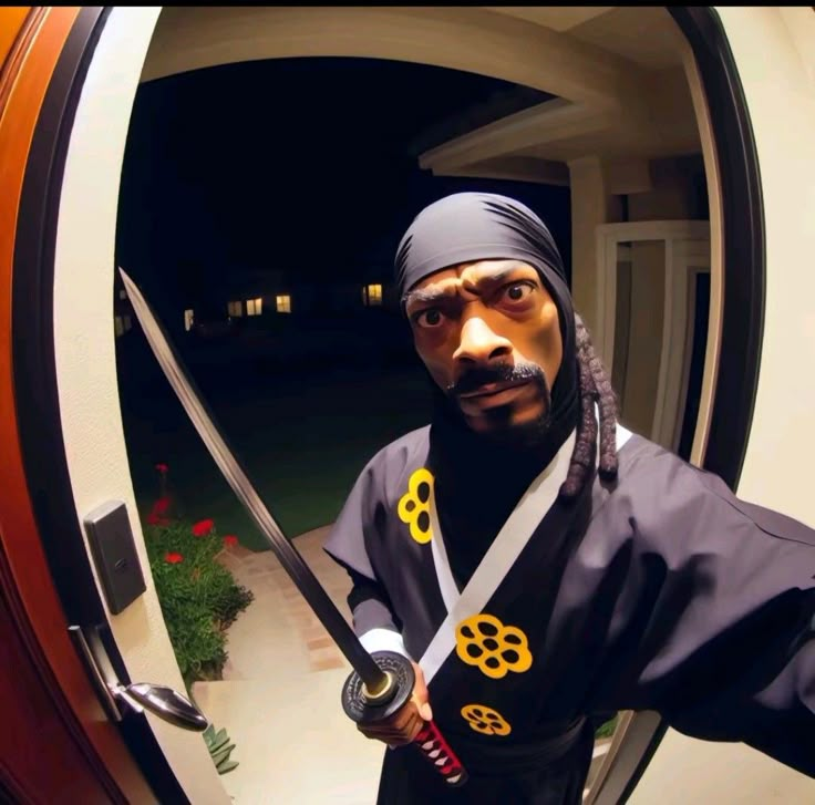 a man holding a large knife in front of his face and wearing a black outfit