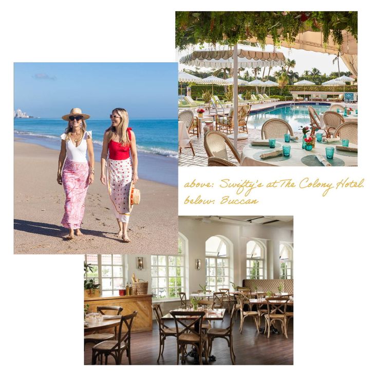 two women walking on the beach next to tables and chairs