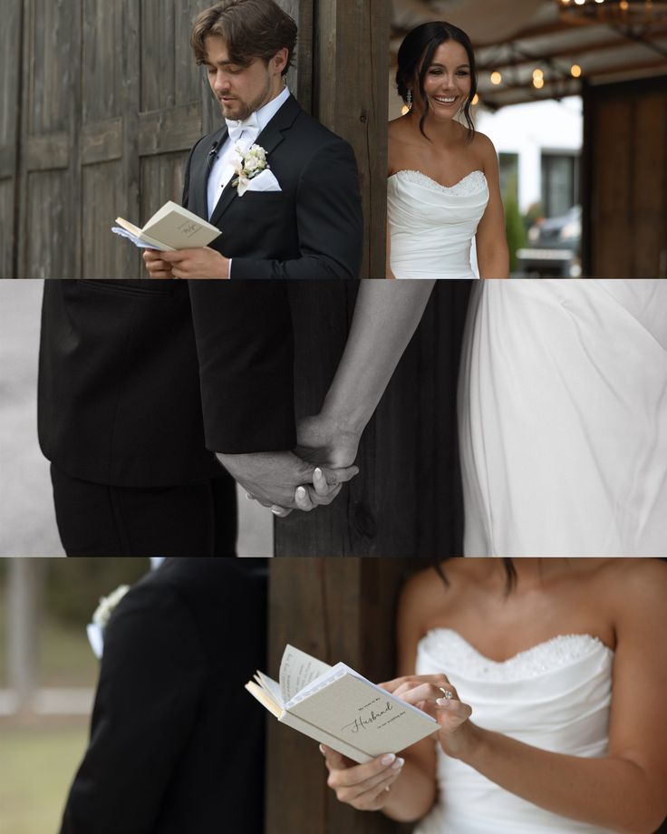 the bride and groom hold hands as they stand next to each other