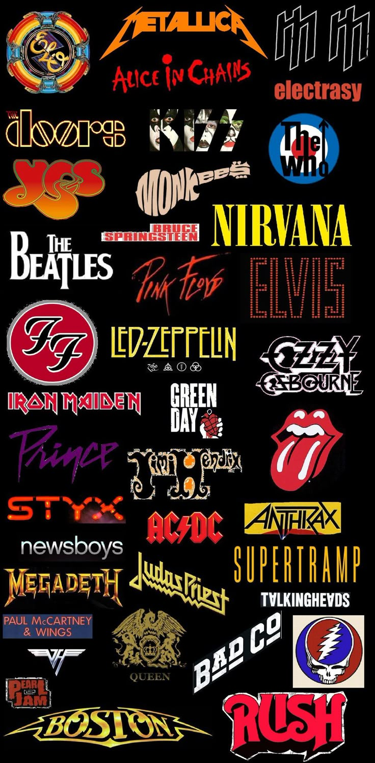 an image of the rolling stones band logos in different colors and sizes on black background