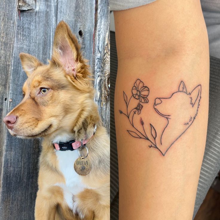 Dog tattoo with birth flower Two Dog Memorial Tattoos, Flower Dog Tattoo Ideas, Memorial Animal Tattoos, Dog Tattoo Ideas With Flowers, Fine Line Dog Flower Tattoo, Daisy And Dog Tattoo, Dog Silhouette Tattoo With Flowers, Women Dog Tattoo, Dog And Flower Tattoo Minimalist