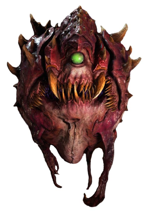 an alien creature with green eyes and large fangs on it's head is shown