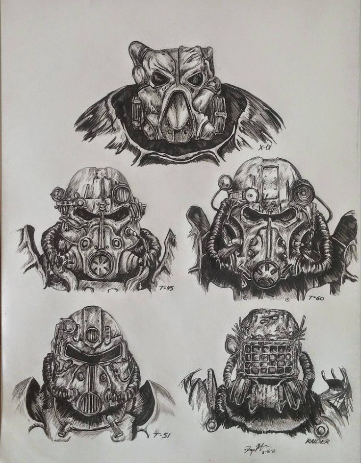 four drawings of different types of armor and helmets on white paper with writing underneath them