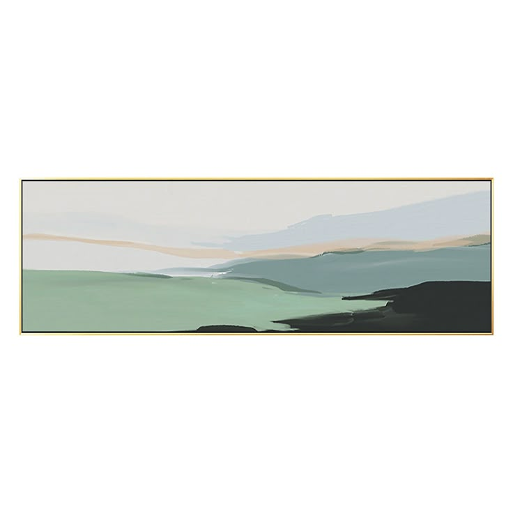 an abstract painting with green, blue and beige colors on the wall in front of a white background