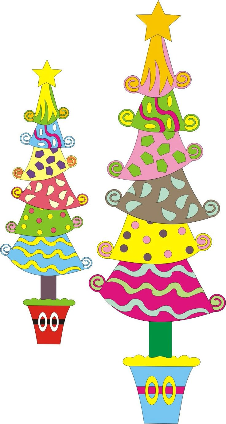 three brightly colored christmas trees with stars on top