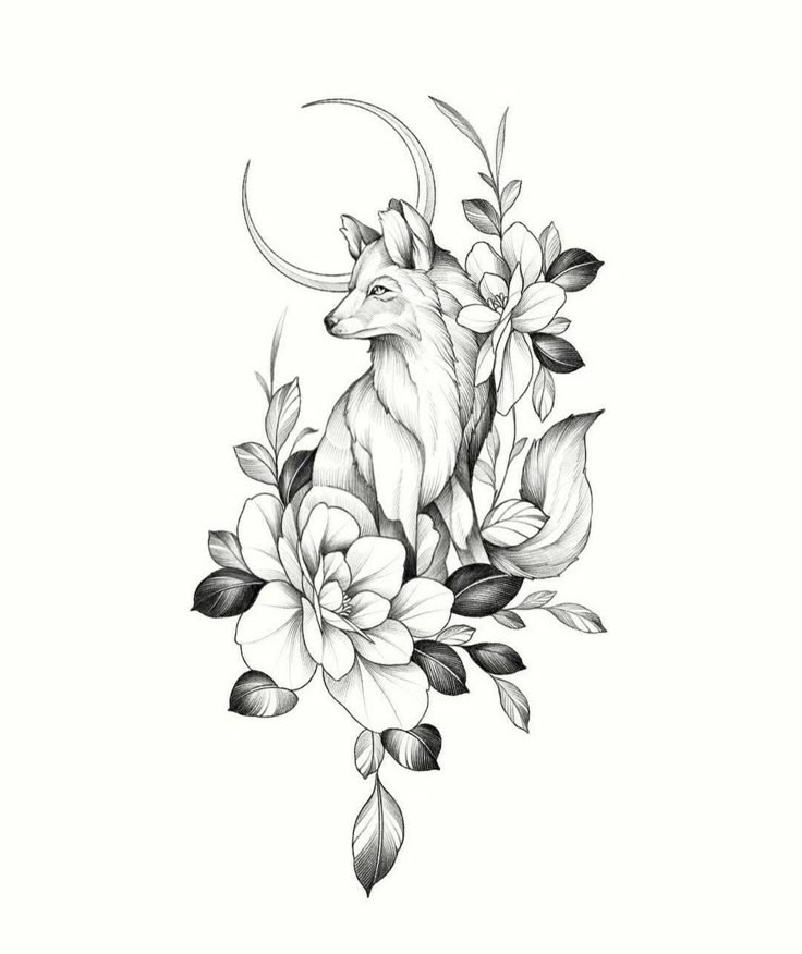 an animal sitting on top of flowers with the moon in the sky above it and leaves around