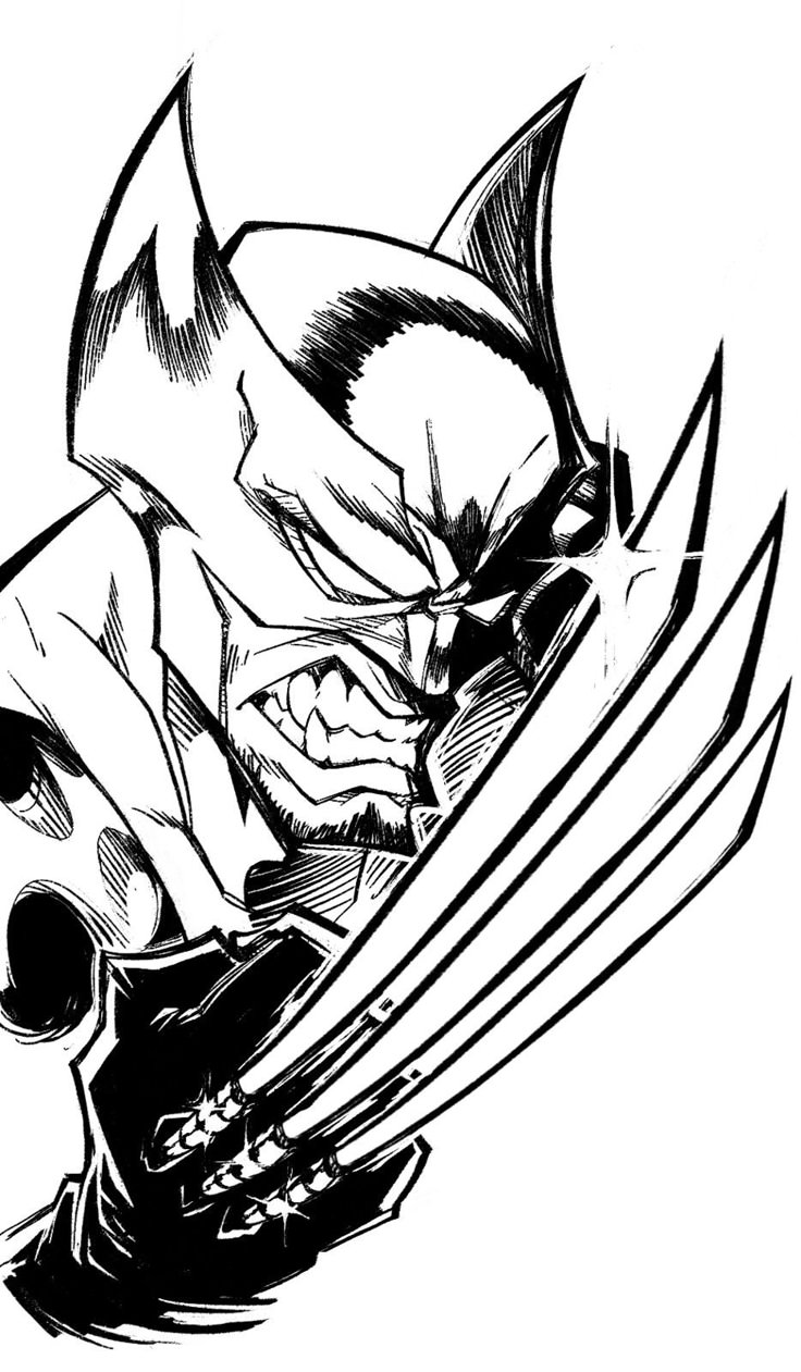 an ink drawing of wolverine in black and white with the claws extended to his face