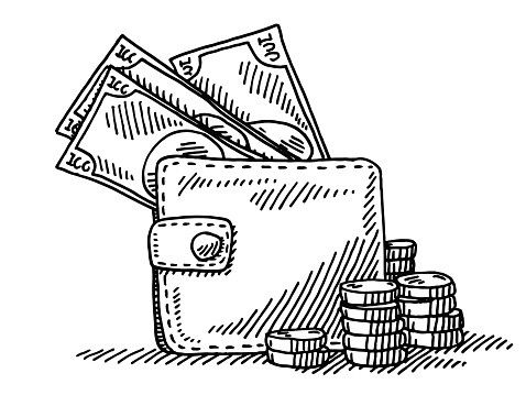 a wallet with money in it and stacks of coins next to it royalty photo - illustration