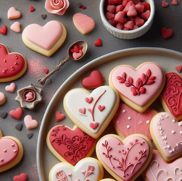 valentine's day cookies are arranged on a plate next to a bowl of hearts