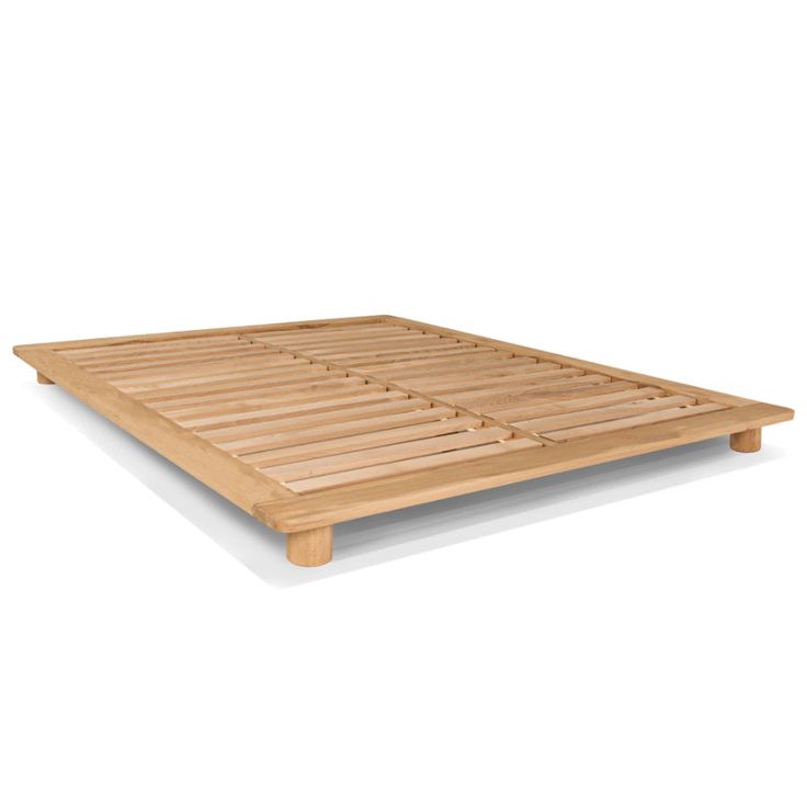 a wooden bed frame with slats on the bottom and sides, in front of a white background