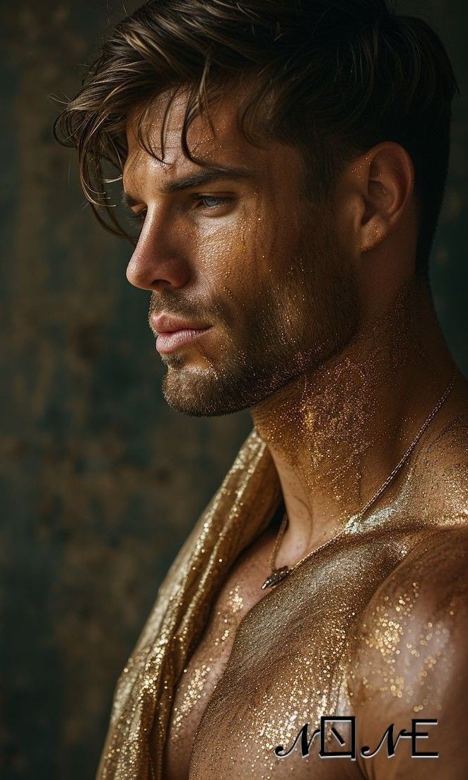 a man with gold paint on his face and chest