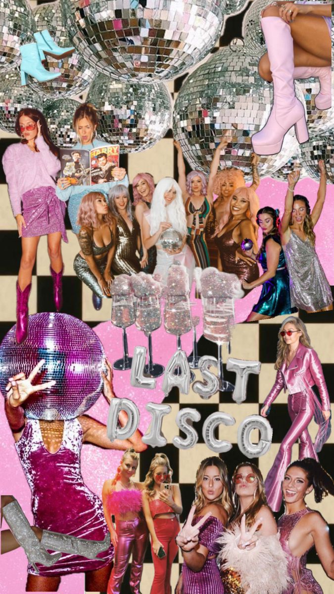 a collage of women in pink dresses and disco balls with the words last disco