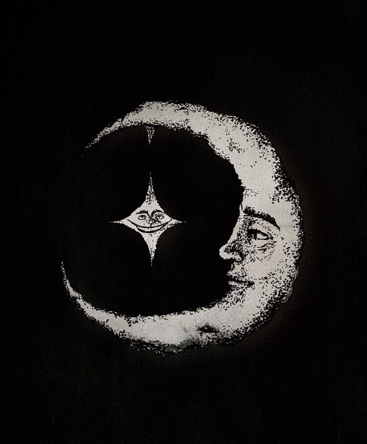 a drawing of a woman's face with a crescent moon in the middle and stars above it