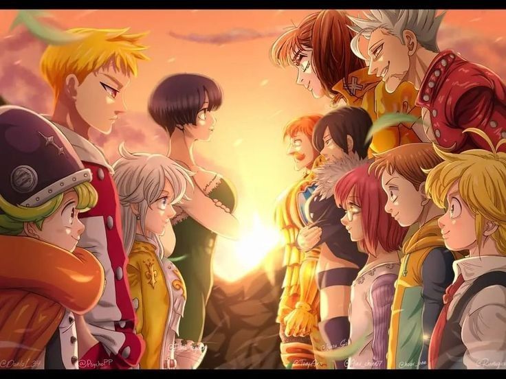 several anime characters standing together in front of an orange sky