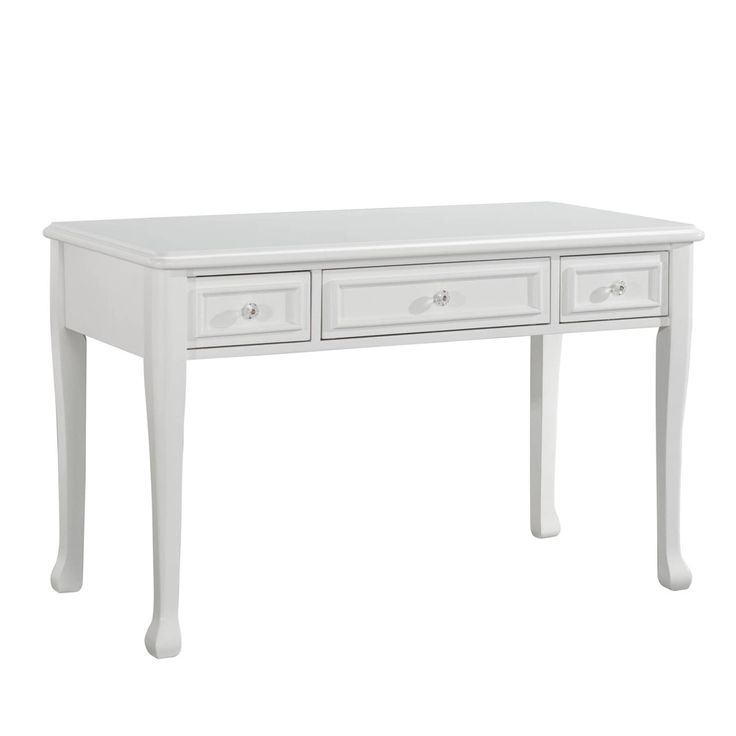 a white desk with two drawers on one side and an open drawer on the other