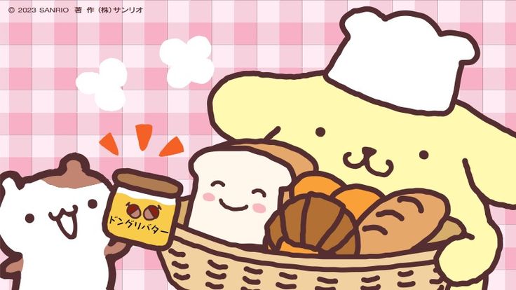 a basket filled with bread next to a white cat on a pink checkered table cloth