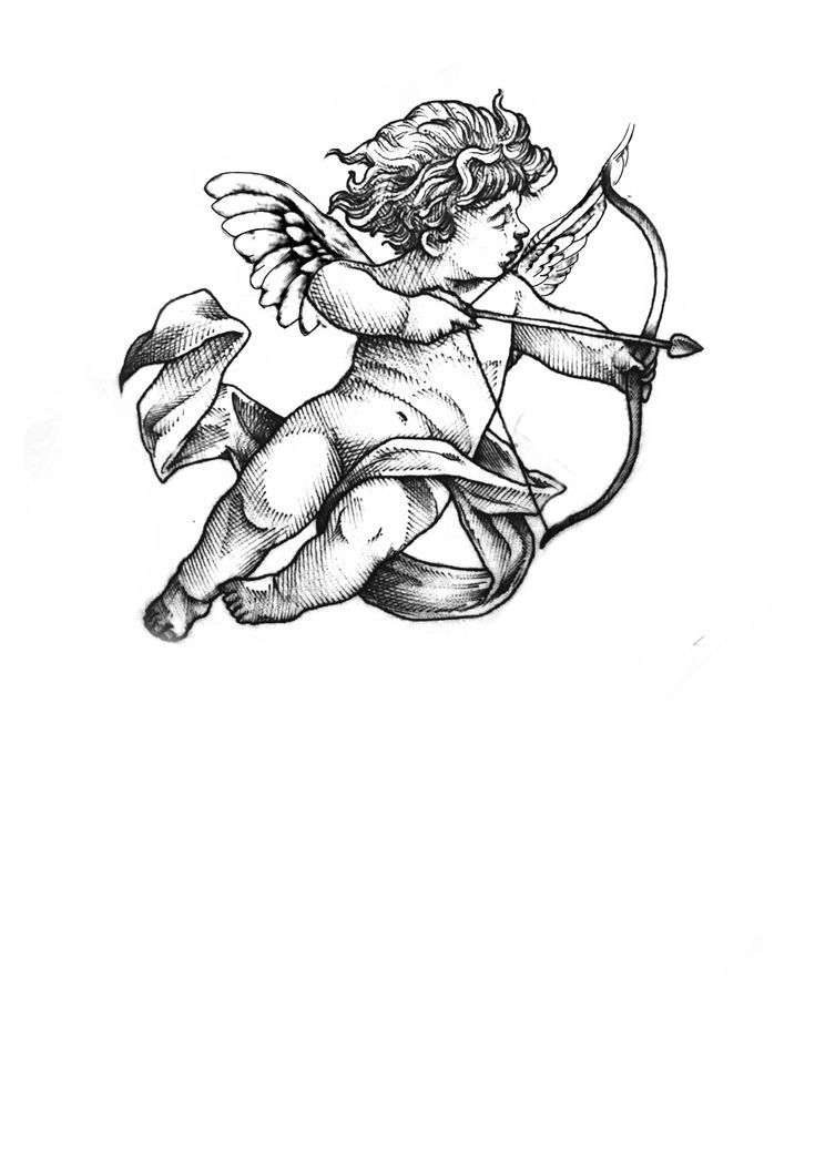 an ink drawing of a cupid holding a bow and arrow