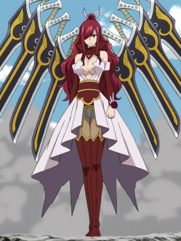 an anime character with red hair and wings on her chest, standing in front of clouds