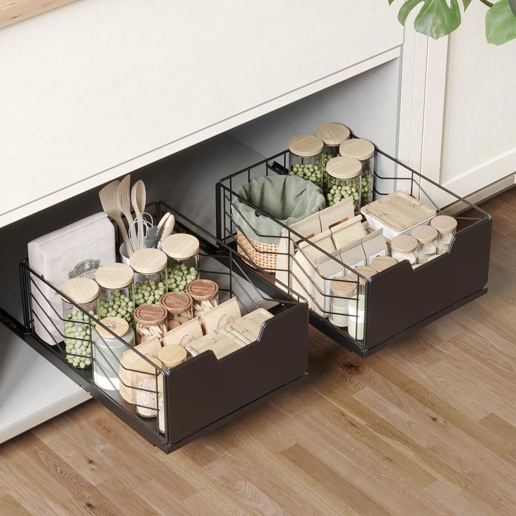 two trays filled with food on top of a wooden floor