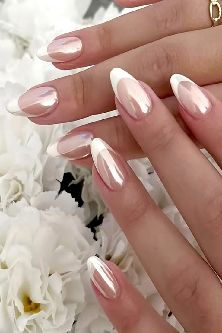 Bridal Nails Ideas, French Nails 2024, Crome Pink Nail, Nails Wedding Bride, Nails Bride, Quartz Nails, Bridesmaids Nails, Kutek Disney, Nails For Bride